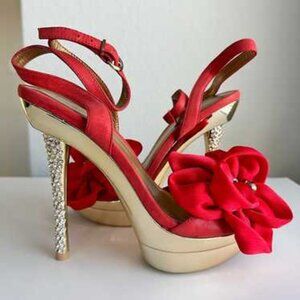 BRAND NEW Luichiny "Lookin up" RED Floral Jeweled Covered Open Toe Heels SIZE 7